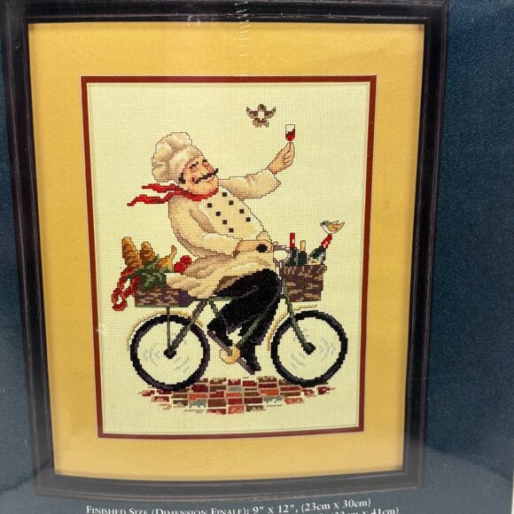 Needle Treasures Bicycling Chef Cross Stitch Kit 9"x12" 04715 Cotton Floss Frame - Picture 3 of 6